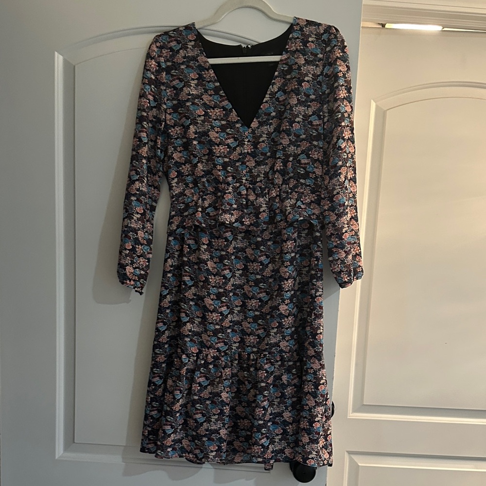 J. Crew Black Floral V-Neck Long Sleeve Dress